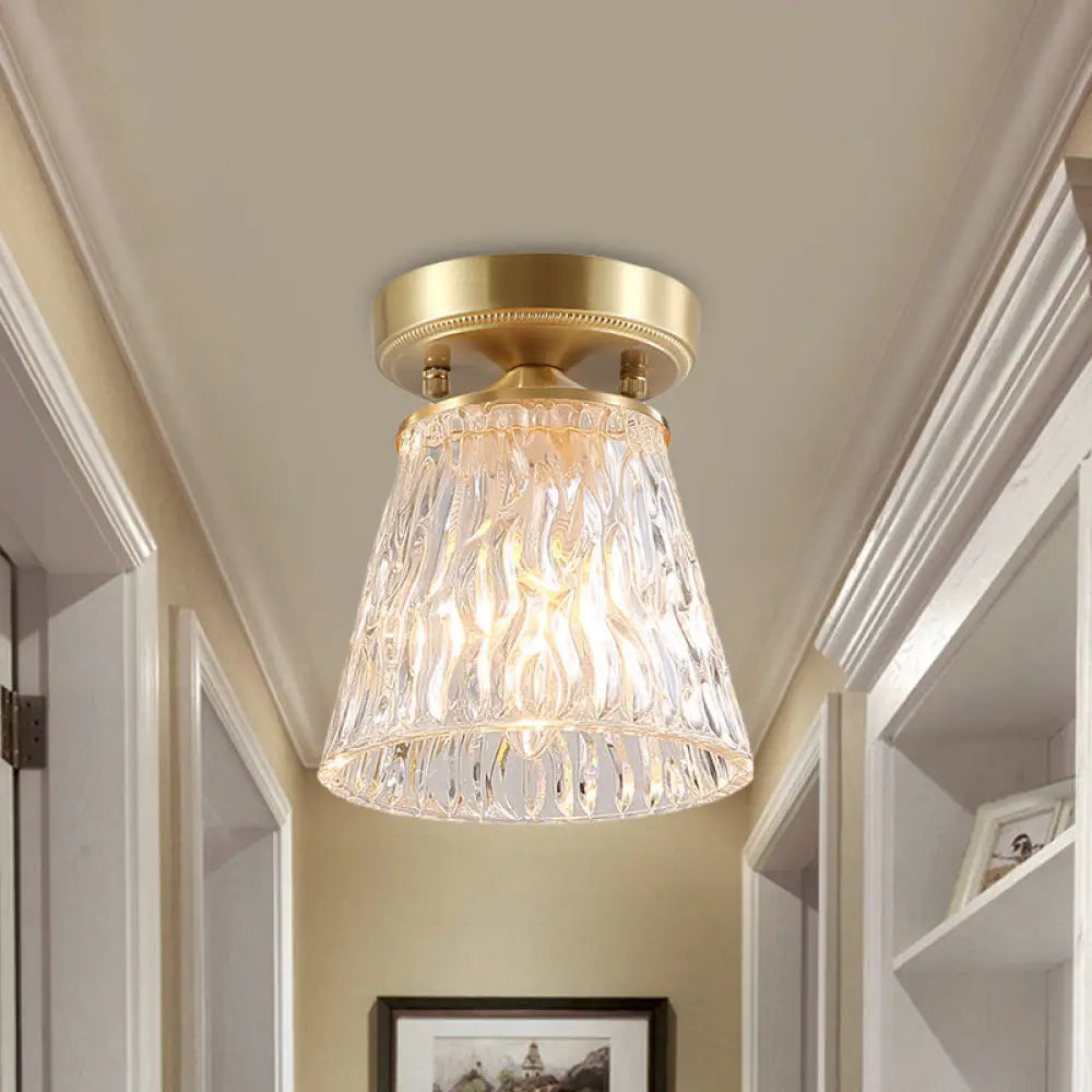 brass-1-light-semi-flush-mount-with-clear-ripple-fluted-glass-cone-flower-design-for-living-room-ceiling-867