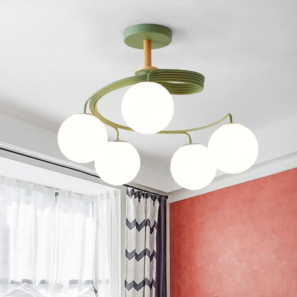 nordic-iron-swirl-flush-chandelier-with-5-bulbs-grey-green-semi-ceiling-light-featuring-orb-glass-shade-and-wood-downrod-280